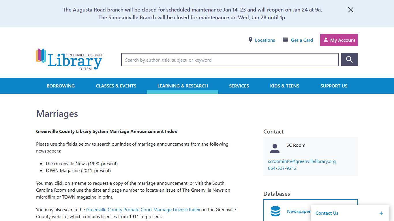 Marriages Greenville (SC) County Library System