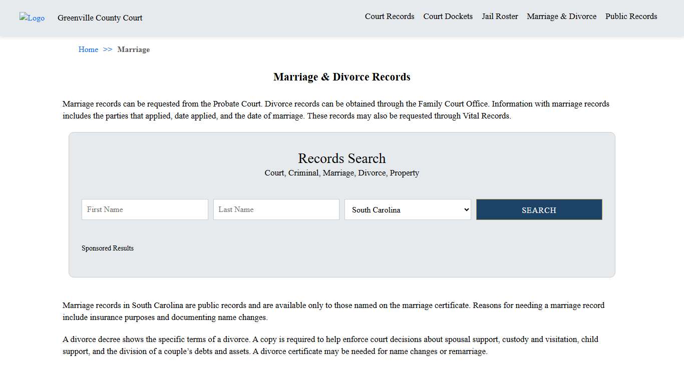 Marriage & Divorce Records Greenville County Court